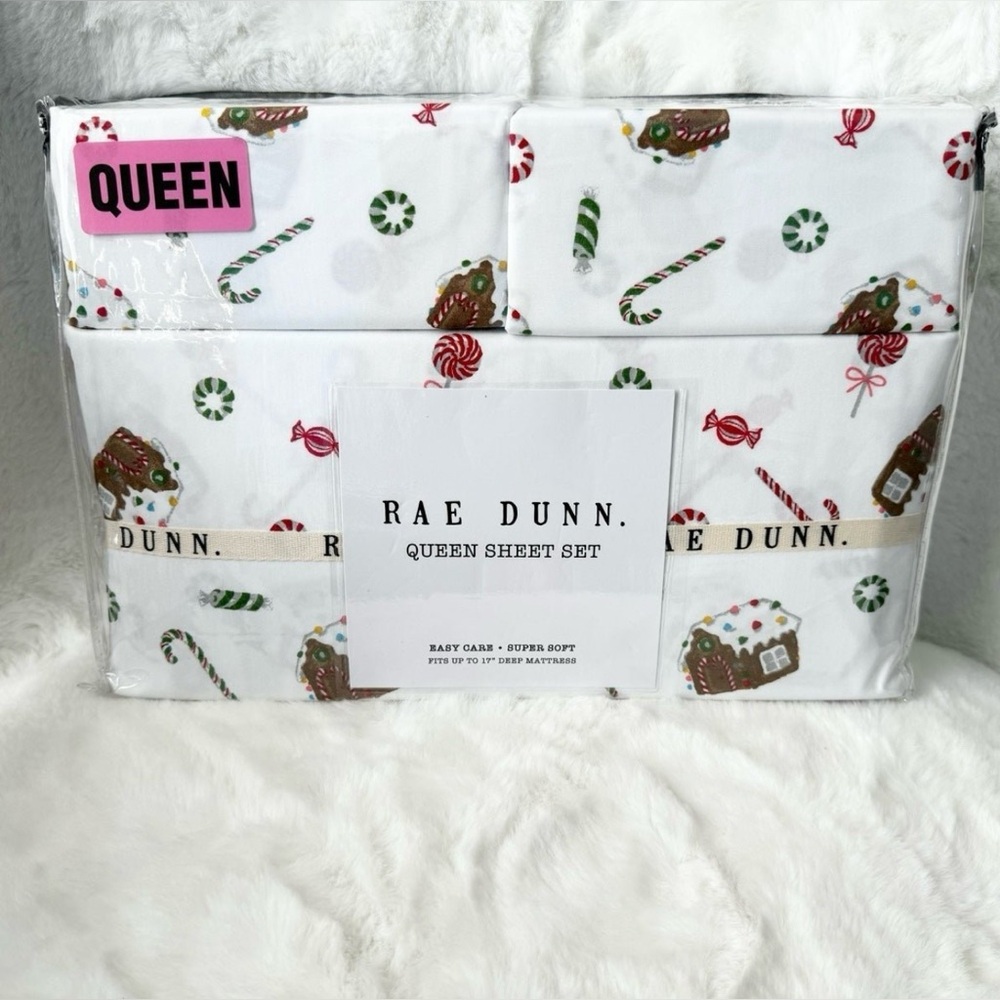 *NEW* Rae Dunn Gingerbread House Queen Sheet Set Christmas Peppermint Candy Cane